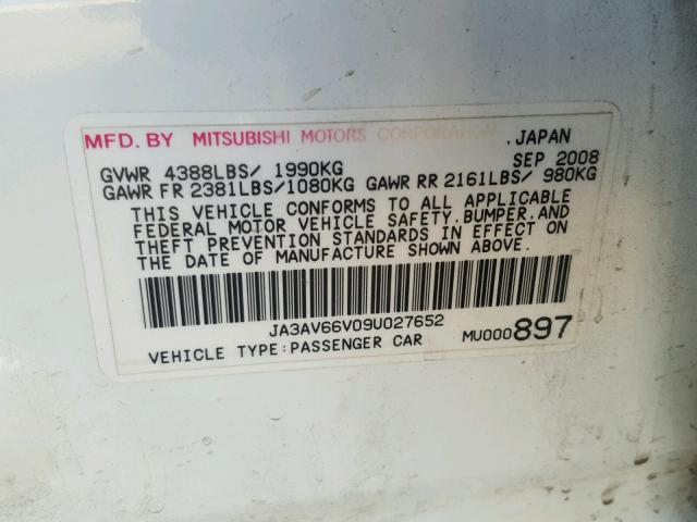 JA3AV66V09U027652 - 2009 MITSUBISHI LANCER RAL WHITE photo 10