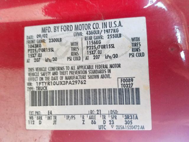 1FTYR10UX3PA29762 - 2003 FORD RANGER RED photo 10