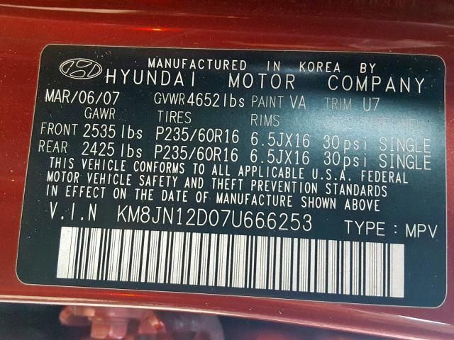 KM8JN12D07U666253 - 2007 HYUNDAI TUCSON SE MAROON photo 10