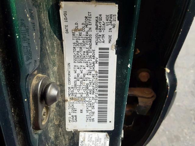 JTEGF21A320034349 - 2002 TOYOTA HIGHLANDER GREEN photo 10