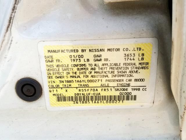 3N1BB51A6YL000271 - 2000 NISSAN SENTRA SE WHITE photo 10