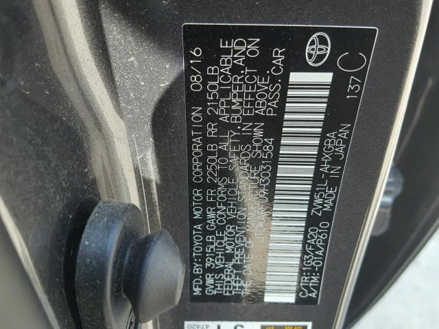 JTDKARFU9H3031584 - 2017 TOYOTA PRIUS GRAY photo 10