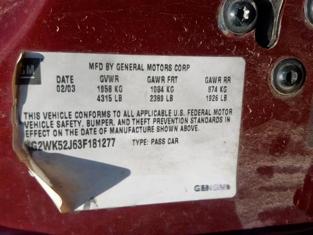 1G2WK52J63F181277 - 2003 PONTIAC GRAND PRIX BURGUNDY photo 10