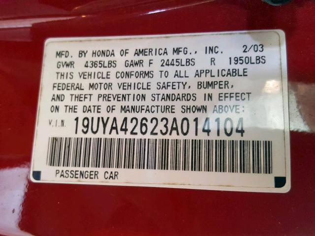 19UYA42623A014104 - 2003 ACURA 3.2CL TYPE RED photo 10