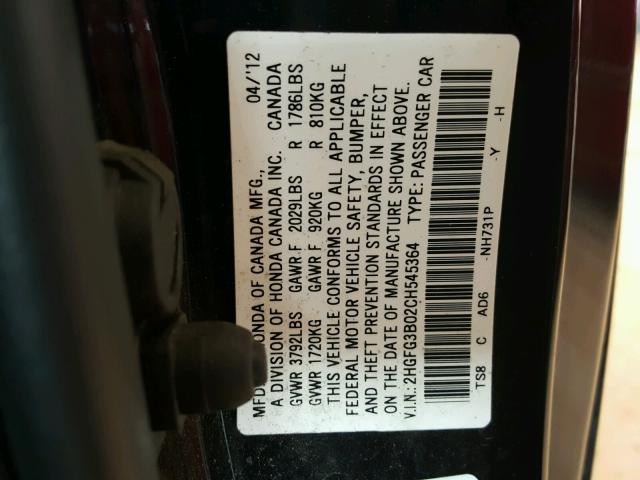 2HGFG3B02CH545364 - 2012 HONDA CIVIC EXL BLACK photo 10