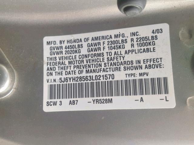 5J6YH28563L021570 - 2003 HONDA ELEMENT EX SILVER photo 10