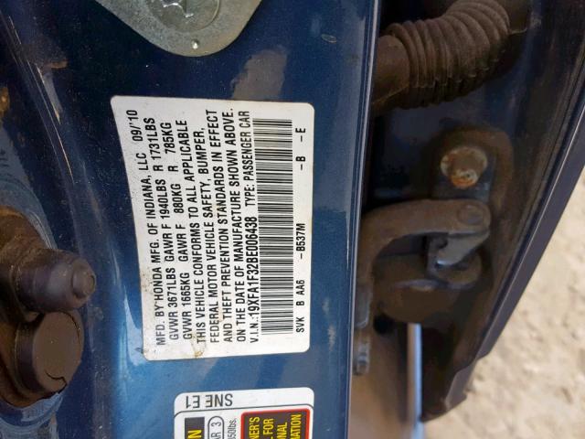 19XFA1F32BE006438 - 2011 HONDA CIVIC VP BLUE photo 10