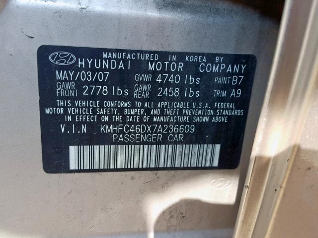 KMHFC46DX7A236609 - 2007 HYUNDAI AZERA GLS GOLD photo 10