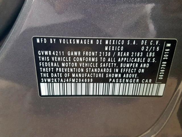 3VW2K7AJ4FM294699 - 2015 VOLKSWAGEN JETTA BASE GRAY photo 10