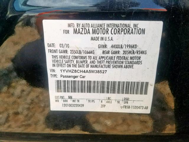 1YVHZ8CH4A5M38527 - 2010 MAZDA 6 I BLACK photo 10