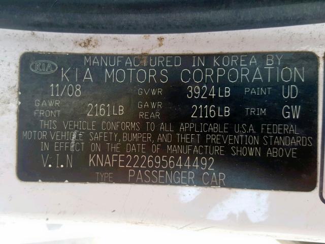 KNAFE222695644492 - 2009 KIA SPECTRA EX WHITE photo 10