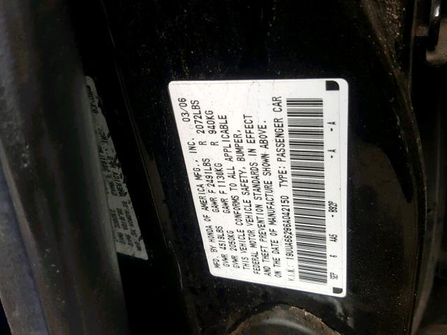 19UUA66296A042150 - 2006 ACURA 3.2TL BLACK photo 10