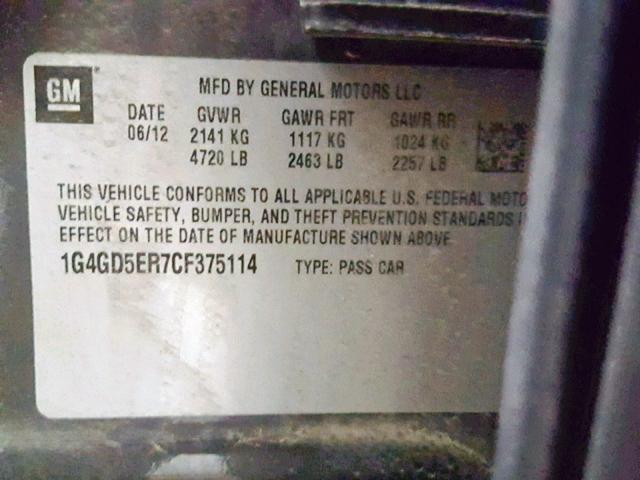 1G4GD5ER7CF375114 - 2012 BUICK LACROSSE P CHARCOAL photo 10