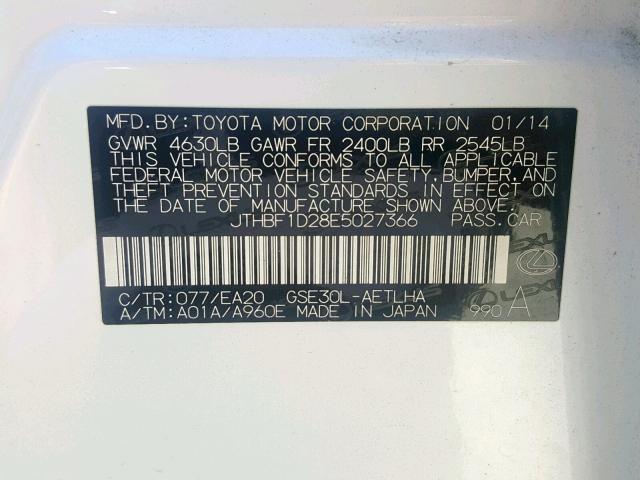 JTHBF1D28E5027366 - 2014 LEXUS IS 250 WHITE photo 10