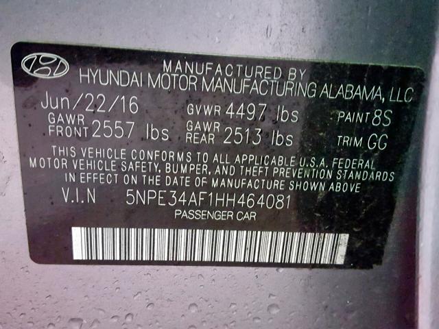 5NPE34AF1HH464081 - 2017 HYUNDAI SONATA SPO SILVER photo 10