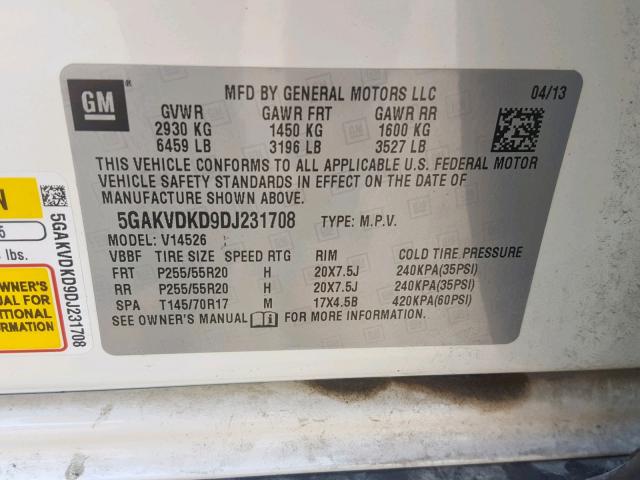 5GAKVDKD9DJ231708 - 2013 BUICK ENCLAVE WHITE photo 10