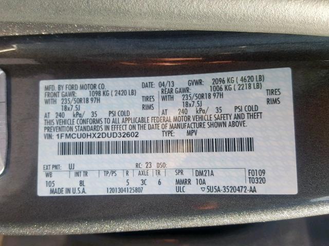 1FMCU0HX2DUD32602 - 2013 FORD ESCAPE SEL GRAY photo 10