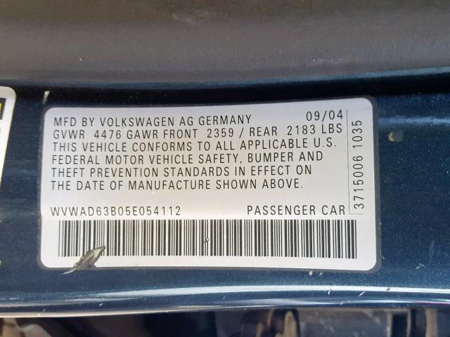 WVWAD63B05E054112 - 2005 VOLKSWAGEN PASSAT GLS BLUE photo 10