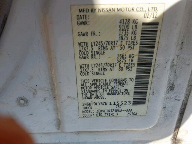 1N6BF0LY6CN115523 - 2012 NISSAN NV 2500 WHITE photo 10