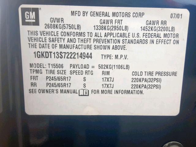 1GKDT13S722214944 - 2002 GMC ENVOY BLUE photo 10