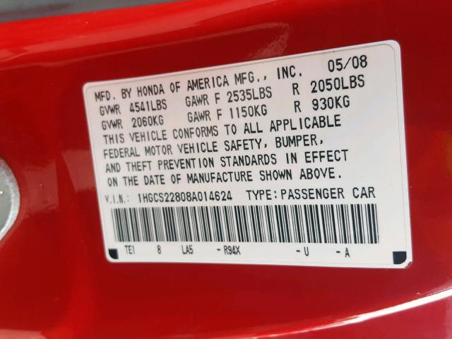 1HGCS22808A014624 - 2008 HONDA ACCORD EXL RED photo 10