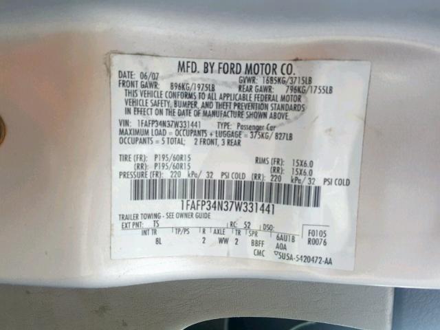 1FAFP34N37W331441 - 2007 FORD FOCUS ZX4 SILVER photo 10