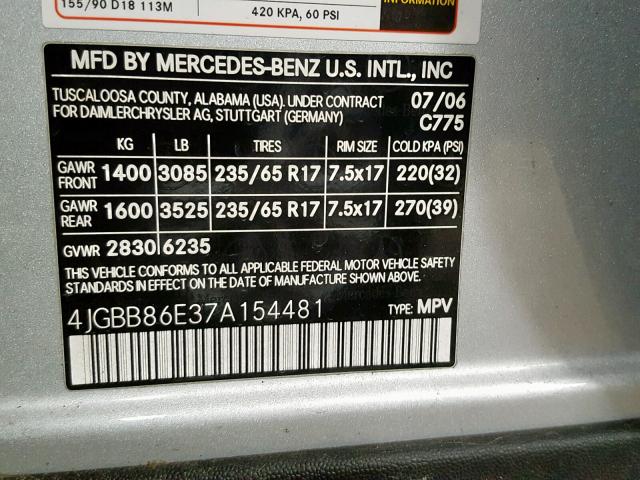 4JGBB86E37A154481 - 2007 MERCEDES-BENZ ML 350 SILVER photo 10