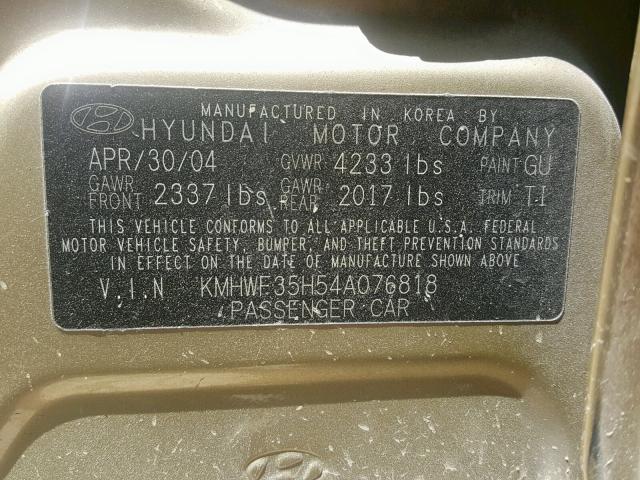 KMHWF35H54A076818 - 2004 HYUNDAI SONATA GLS TAN photo 10