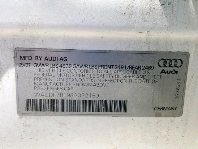 WAUDF78E98A072150 - 2008 AUDI A4 2.0T QU BLACK photo 10