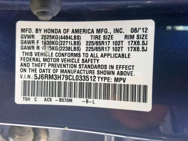 5J6RM3H79CL033512 - 2012 HONDA CR-V EXL BLUE photo 10