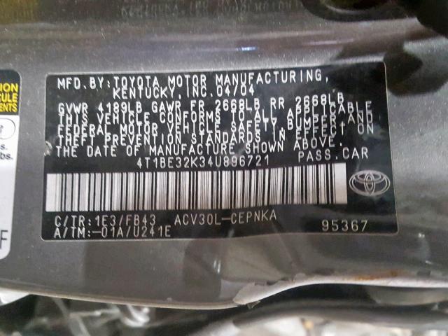 4T1BE32K34U896721 - 2004 TOYOTA CAMRY LE GRAY photo 10