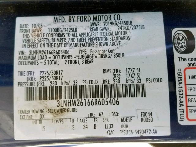 3LNHM26166R605406 - 2006 LINCOLN ZEPHYR BLUE photo 10