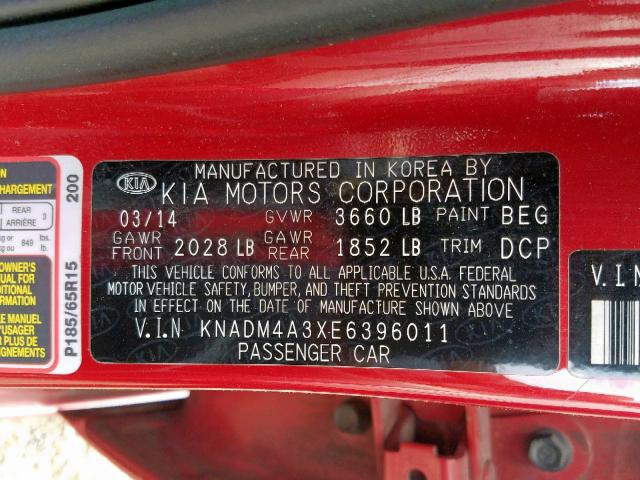 KNADM4A3XE6396011 - 2014 KIA RIO LX RED photo 10