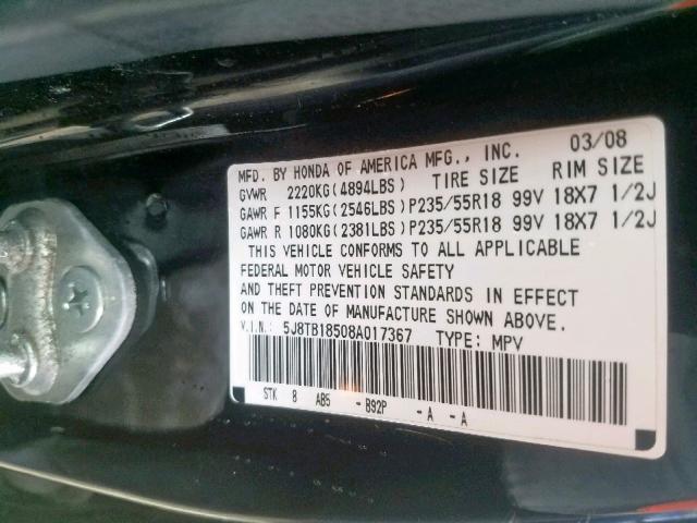 5J8TB18508A017367 - 2008 ACURA RDX TECHNO BLACK photo 10