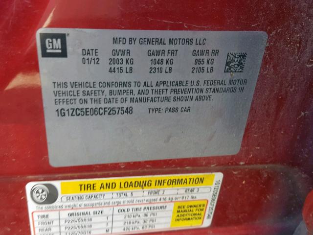 1G1ZC5E06CF257548 - 2012 CHEVROLET MALIBU 1LT RED photo 10