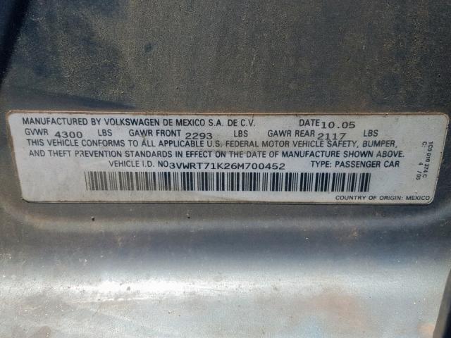 3VWRT71K26M700452 - 2006 VOLKSWAGEN JETTA TDI GRAY photo 10