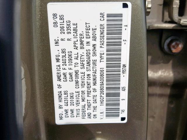 1HGCP26809A008061 - 2009 HONDA ACCORD EXL GOLD photo 10