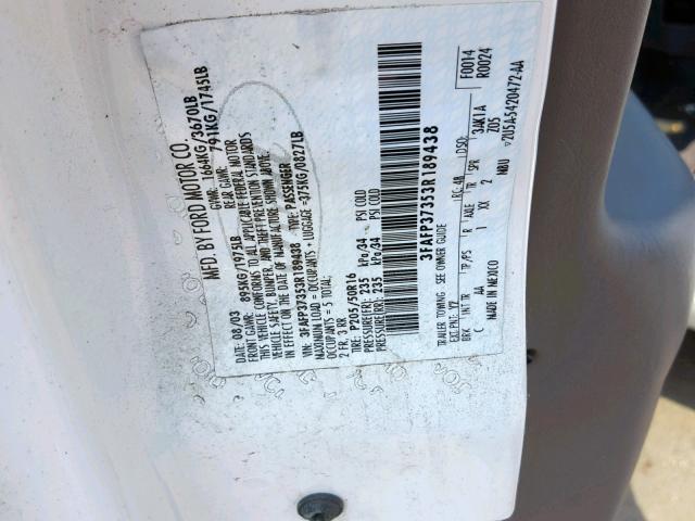 3FAFP37353R189438 - 2003 FORD FOCUS ZX5 WHITE photo 10