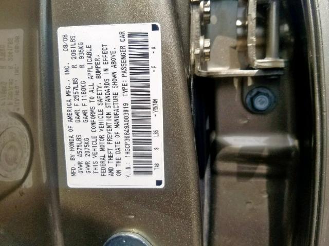 1HGCP36849A003919 - 2009 HONDA ACCORD EXL GOLD photo 10