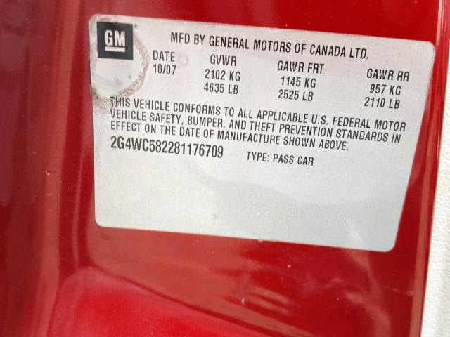 2G4WC582281176709 - 2008 BUICK LACROSSE C RED photo 10