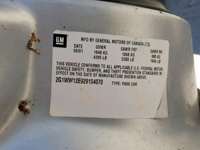 2G1WW12E929154070 - 2002 CHEVROLET MONTE CARL ვერცხლისფერი ფოტო 10