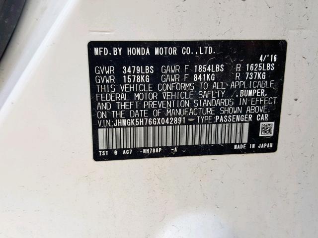 JHMGK5H76GX042891 - 2016 HONDA FIT EX WHITE photo 10