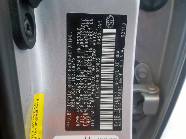 4T1BK1EB6DU073855 - 2013 TOYOTA AVALON BAS SILVER photo 10