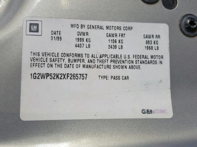 1G2WP52K2XF265757 - 1999 PONTIAC GRAND PRIX SILVER photo 10