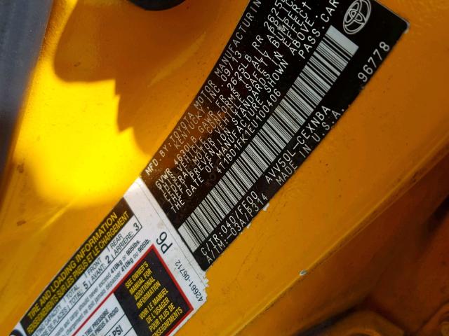 4T1BD1FK1EU100406 - 2014 TOYOTA CAMRY HYBR YELLOW photo 10