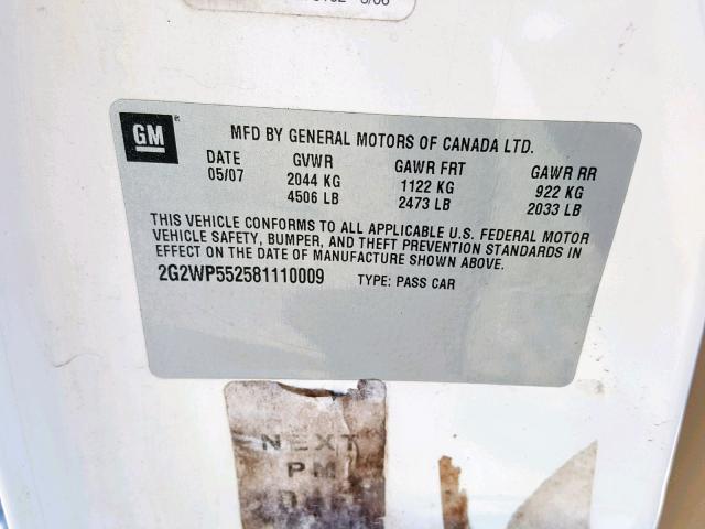 2G2WP552581110009 - 2008 PONTIAC GRAND PRIX WHITE photo 10