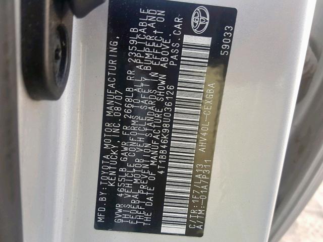 4T1BB46K98U036126 - 2008 TOYOTA CAMRY HYBR SILVER photo 10