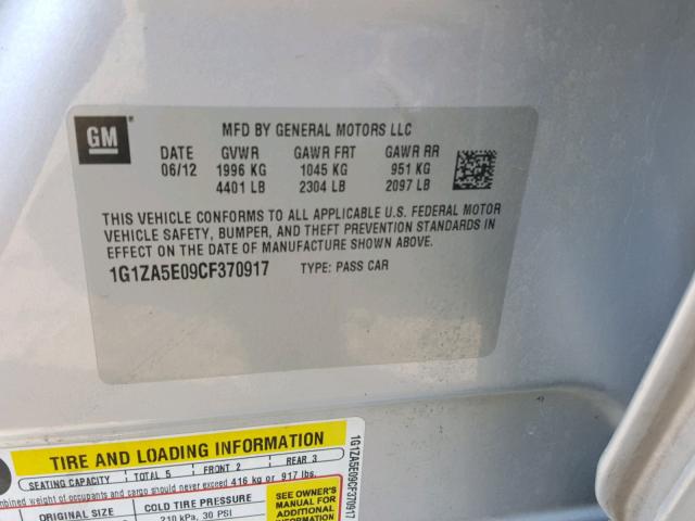 1G1ZA5E09CF370917 - 2012 CHEVROLET MALIBU LS ვერცხლისფერი ფოტო 10