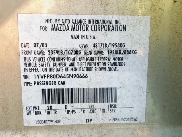 1YVFP80D645N90666 - 2004 MAZDA 6 S TAN photo 10