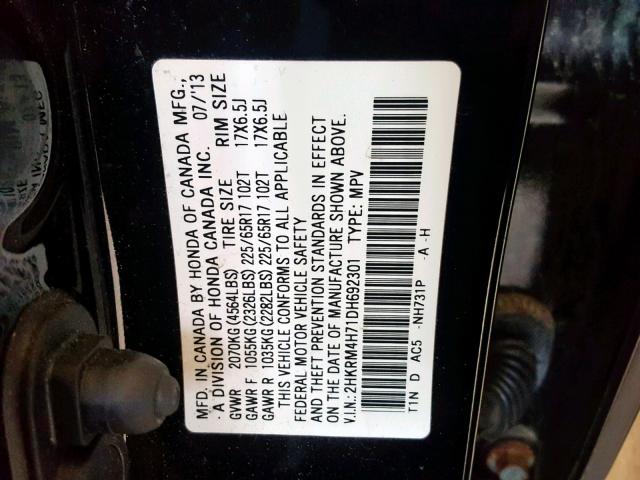 2HKRM4H71DH692301 - 2013 HONDA CR-V EXL GRAY photo 10